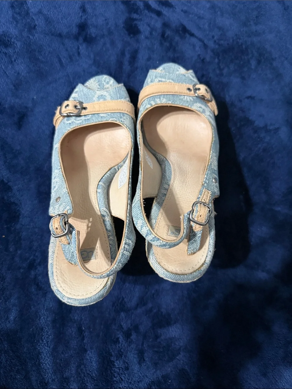 UGG Light Blue Denim Espadrille Wedge Slingbacks with Tan Trim